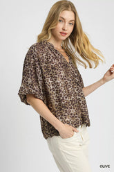 Umgee Leopard Bubble Sleeve Scalloped Hem Blouse OutfitFlow